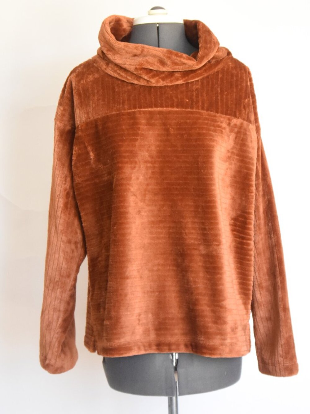 NWT LOFT Rust Plush Cowl Neck Sweater Velour Corduroy Soft Pullover S